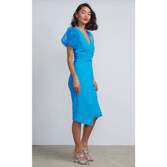 NWT NY&C Mesh Puff Sleeve Faux Wrap Sheath Dress Size M - Picture 3 of 11